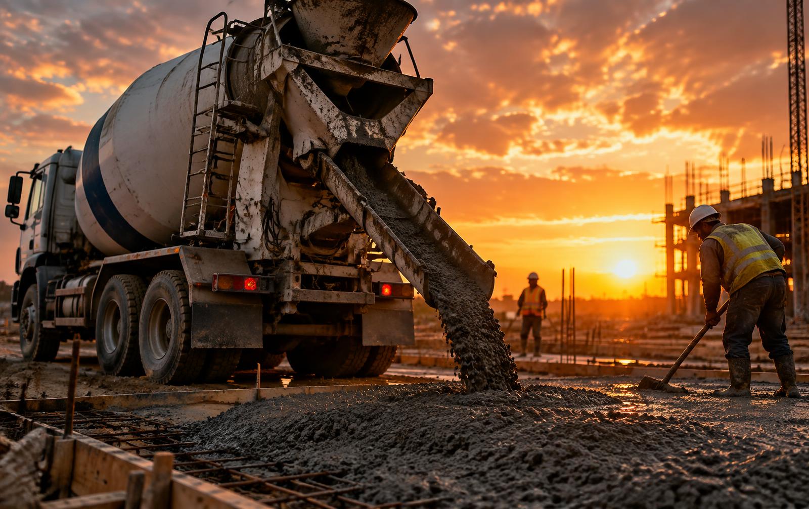 Caminhão betoneira descarregando concreto na obra